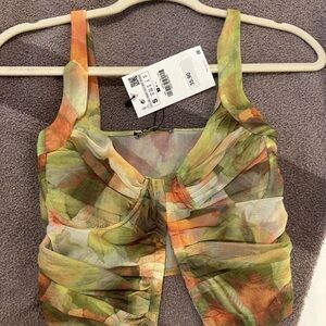 Zara Green and Orange Ruched Crop Tank Top